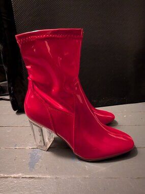 Ollio Women's Patent Side Zip Up Clear High Heel Ankle Boots